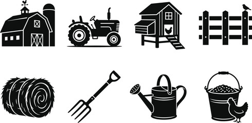 Farm Icon Black Silhouette Set – Barn, Tractor, Chicken Coop, Fence, Hay Bale, and Tools Vector Collection © MdMoksed