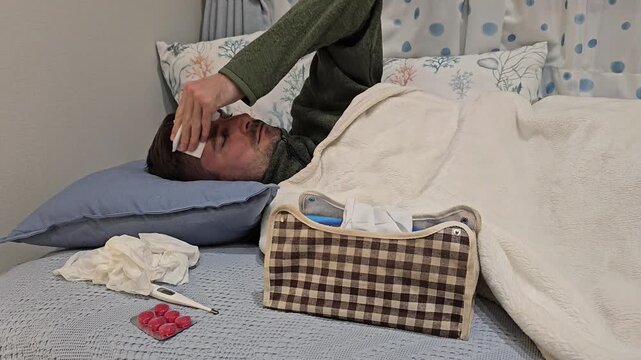 Sick man with severe headache lying in bed removes cold compress from forehead, grimaces in pain and falls asleep. Young adult suffering from fever, migraine, illness, exhaustion and recovering
