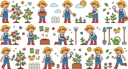 Fototapeta premium Cute cartoon boy farmer planting seeds watering tomatoes and harvesting fresh vegetables garden vector illustration set isolated on white