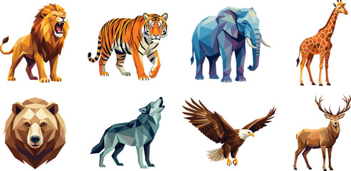 Low Poly Wild Animal Set – Lion, Tiger, Elephant, Giraffe, Bear, Wolf, Eagle, Deer Vector Illustrations © MdMoksed