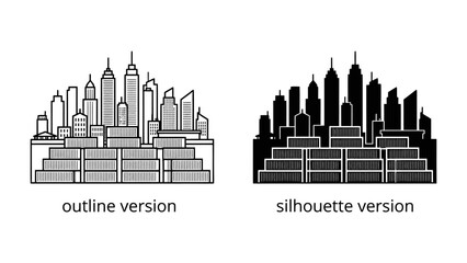 Obraz premium Cityscape Icon: A modern cityscape represented by both an outline and silhouette version, showcasing towering skyscrapers and architectural variety.