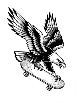 Bold black and white illustration of a fierce bald eagle gripping a skateboard with its talons while spreading its wings.