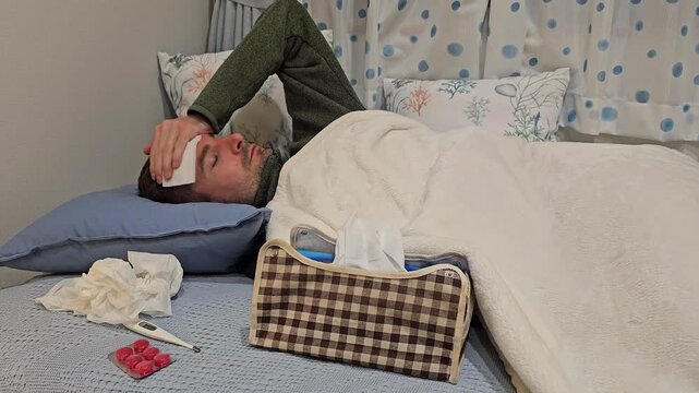 Sick man lying in bed with fever holding cold compress on forehead. Home recovery footage with thermometer, medicine, tissues and blanket showing influenza, cold or viral illness symptoms