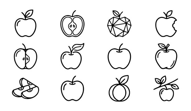 Apple Outline Icon Set with Minimal Fruit Line Symbols Collection Vector