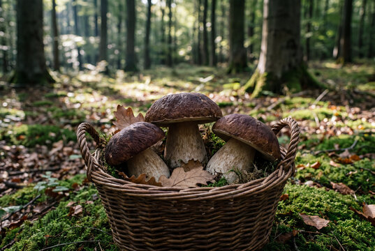 Four large porcini mushrooms with brown caps arranged in a round wicker basket on a mossy forest floor in soft sunlight.