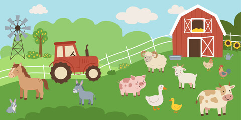 Colorful cartoon farm landscape with a red barn, a red tractor, a windmill, and domestic farm animals. Cute horse, cow, pig, sheep, donkey, goat, rabbit, goose, duck, chicken, and rooster on green gra © Jennie