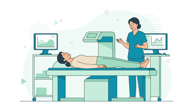 Doctor performing bone densitometry scan on patient lying down, modern medical illustration style.