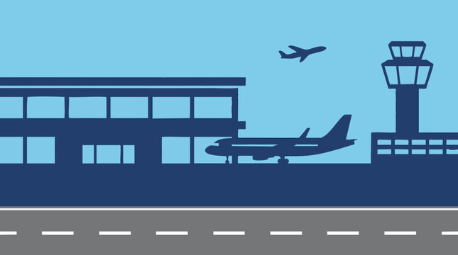 Stylized airport scene with passenger planes, terminal, and control tower