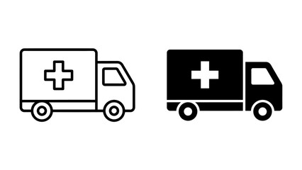 Ambulance Icon Set: A clean and simple set of line art and solid black icons depicting an ambulance with a prominent medical cross, representing emergency medical services and transport. © mass