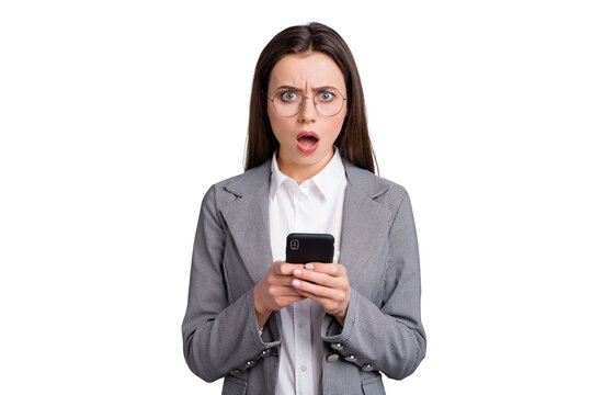 Photo of attractive shocked business lady manager worker hold telephone work home quarantine read bad news speechless wear specs shirt checkered blazer isolated grey color background
