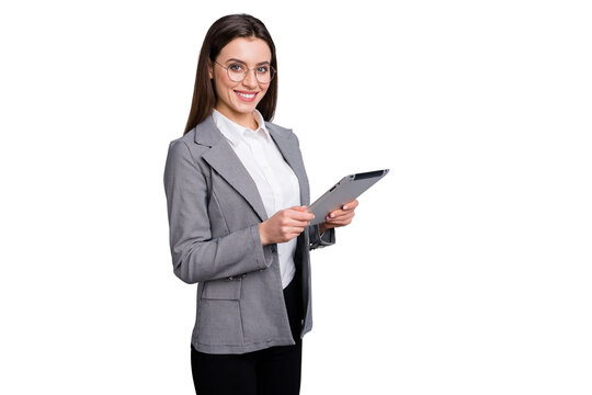 Photo of attractive business lady confident manager worker use modern technology digital tablet work remote distance wear specs shirt plaid blazer isolated grey color background
