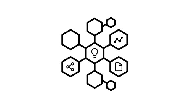Hexagonal grid arrangement of interconnected modular units displaying alphanumeric symbols for a conceptual data or organizational structure.