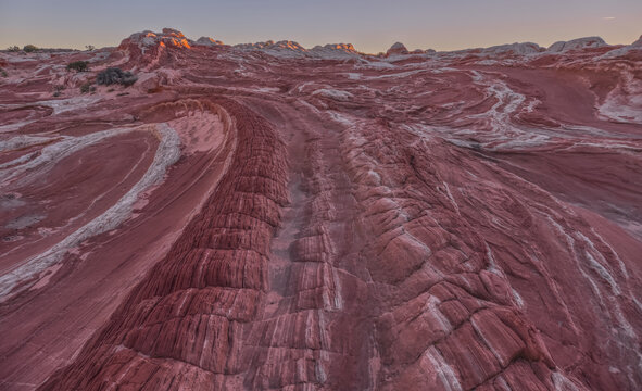 Colorful sandstone formations at White Pocket interact with light during sunset on the Paria Plateau in Arizona