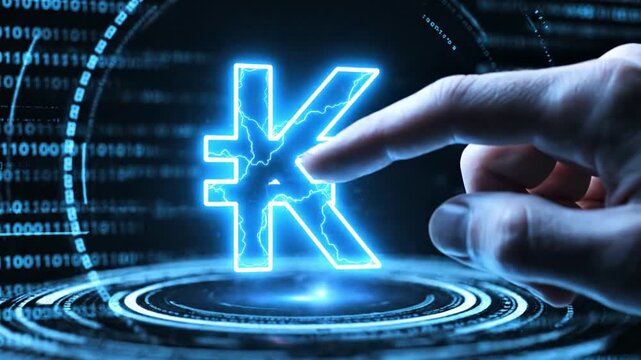 Human hand touching glowing blue Korean Won symbol with electric lightning effects against dark digital binary background