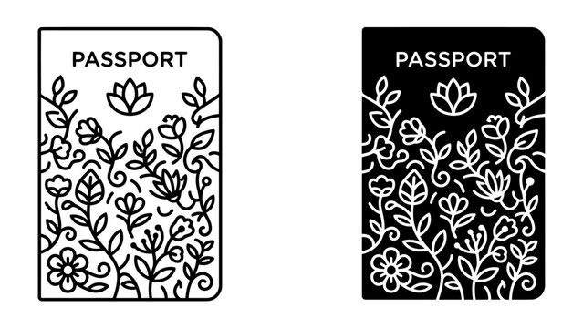 Passport with Floral Design: Two passports, one in black and white and another as a negative image, adorned with intricate floral patterns and blooming flowers.