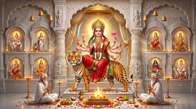 Goddess Durga Riding Tiger in Sacred Temple with Devotees Performing Puja for Navratri Festival Celebration