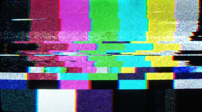 Distorted television screen displaying colorful static and glitch effects with horizontal color bars and digital noise.