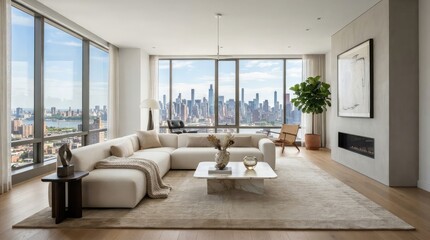 Fototapeta premium Modern Luxury Living Room Interior with Fireplace Contemporary Sofa Elegant Furniture Large Windows in a Stylish Apartment Home with Comfortable Design and Cozy Decor