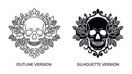 Skull and Roses Emblem: A striking emblem featuring a skull surrounded by roses, presented in both outline and silhouette versions for versatile design applications. © mnv