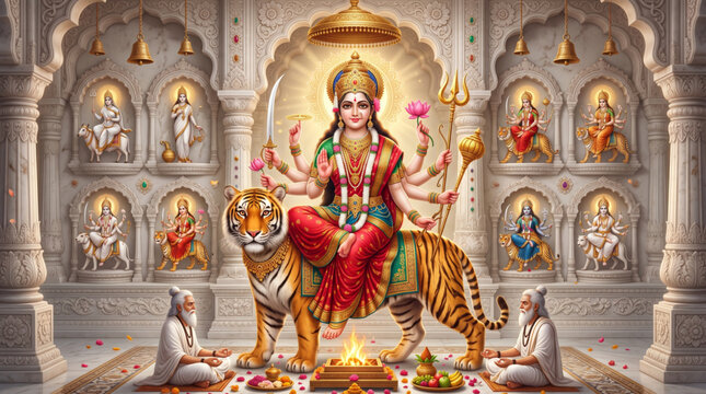 Goddess Durga Riding Tiger in Sacred Marble Temple with Devotees Performing Havan for Navratri Festival