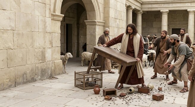 Jesus overturning the tables of the money changers in the stone temple courtyard. Biblical scene of the cleansing of the temple with scattered coins and livestock. New Testament history concept