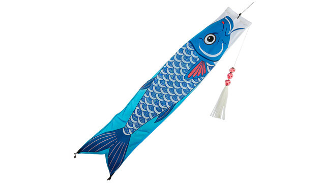 Traditional Japanese blue carp koinobori windsock streamer isolated on transparent background