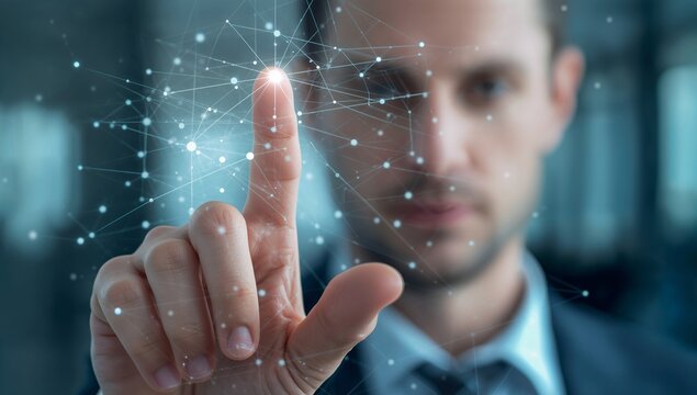 Man Interacting With Transparent Network Of Connecting Points Futuristic Technology Photo male person human hand