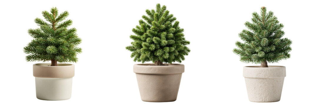 Set of Small Potted Green Pine Tree in a Textured Beige Pot transparent png background. Ai generated