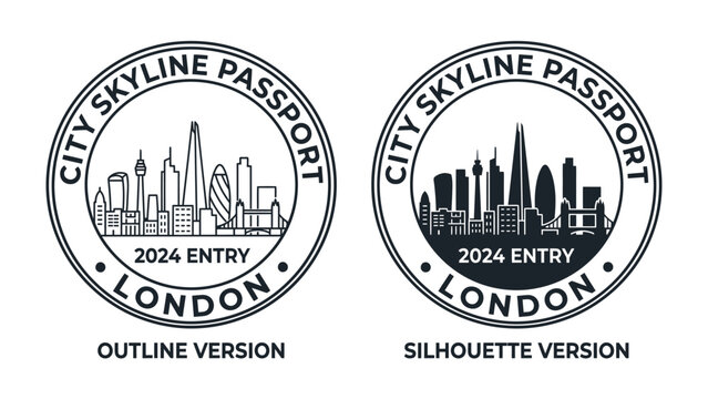 London City Skyline Passport Stamp: Two stylized passport stamps featuring the iconic London skyline, one in outline and the other in silhouette, signifying city exploration and travel.