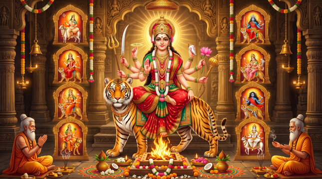 Goddess Durga Riding Tiger in Sacred Hindu Temple with Devotees Performing Traditional Navratri Puja Ritual