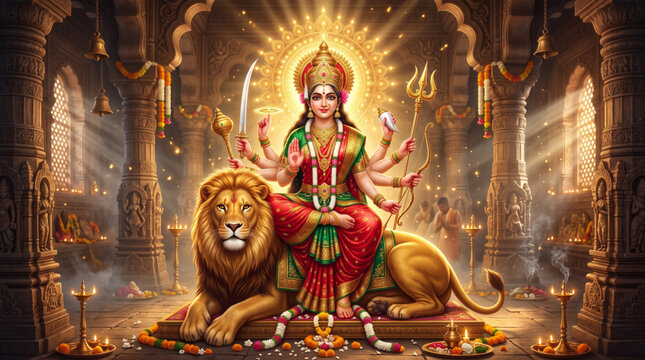 Goddess Durga Seated on Lion in Sacred Hindu Temple with Divine Halo for Navratri Festival Celebration