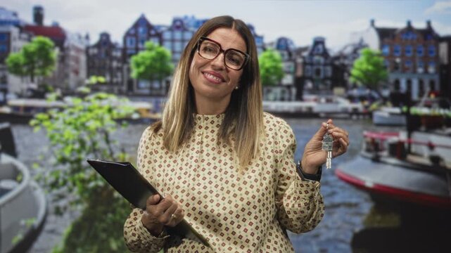 Woman holding keys and clipboard on a street by a canal, smiling and holding keyring toward camera; confidence trust homeownership.