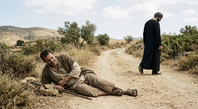 Injured man lying on dusty road as priest walks away in background. Biblical parable of the Good Samaritan theme in dry hilly landscape