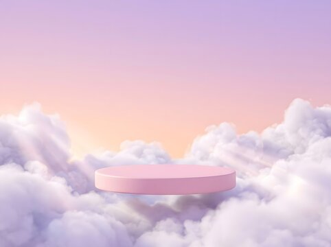Pink cylindrical platform floating among clouds at sunset