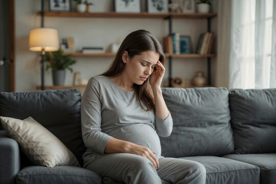 Portrait of pregnant woman sits on sofa, head resting on hand. She gazes downward, showing thoughtful or weary expression