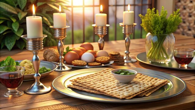 Passover seder plate celebrating jewish holiday with traditional food