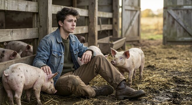 Sad young man sitting in the mud with pigs on a farm. Biblical parable of the Prodigal Son theme