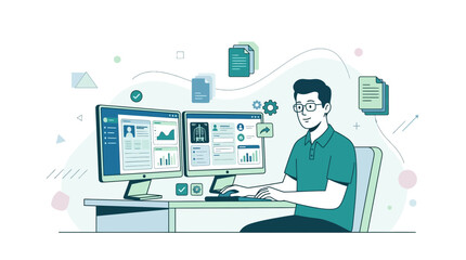 Naklejka premium Medical Coder Working on Dual Monitors with Health Data Interface and EHR System