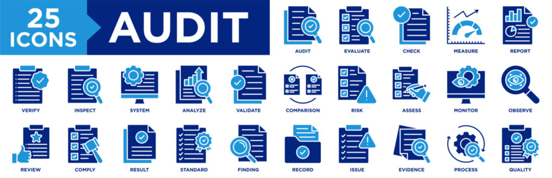 Audit Icon Set Collection. Icon Pack Contain Check, Verify, Review, Inspect, Assess, Report, Evaluate, Comply, Observe, Monitor