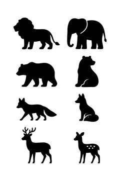 Set of Animal Silhouettes Lion, Elephant, Bear, Fox, Wolf, Deer, and Doe