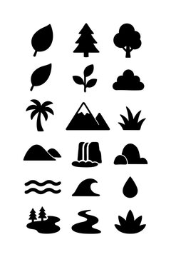 Nature Icons Set Leaves, Trees, Mountains, Water, Clouds, Palm Tree, Grass, Waves
