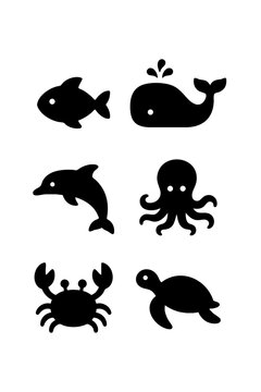 Set of Six Black Silhouette Marine Animals Fish, Whale, Dolphin, Octopus, Crab, Turtle