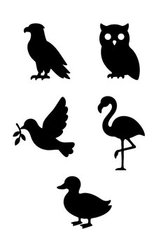 Diverse Bird Silhouettes Collection Eagle, Owl, Dove, Flamingo, Duck