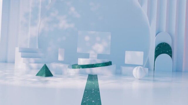 Computer monitor stands on a podium surrounded by floating geometric forms and soft light.