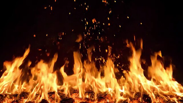 Fire burns intensely with glowing orange embers and rising sparks against a deep black background, creating a warm contrast of light and shadow.