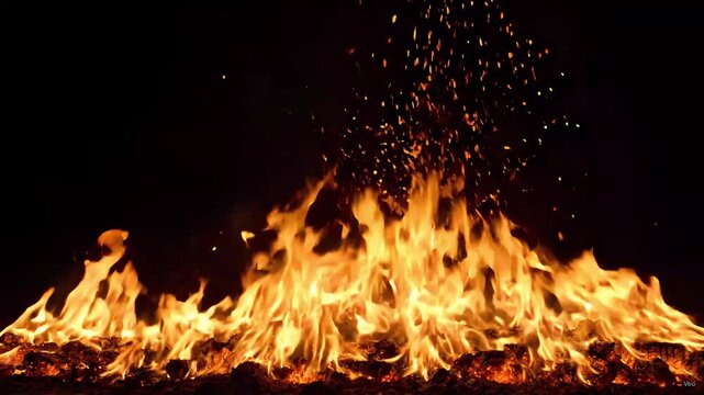 Bonfire flames dance against a pitch black background casting intense orange and yellow light while sparks fly upward creating a raw and energetic visual display of heat and elemental power.