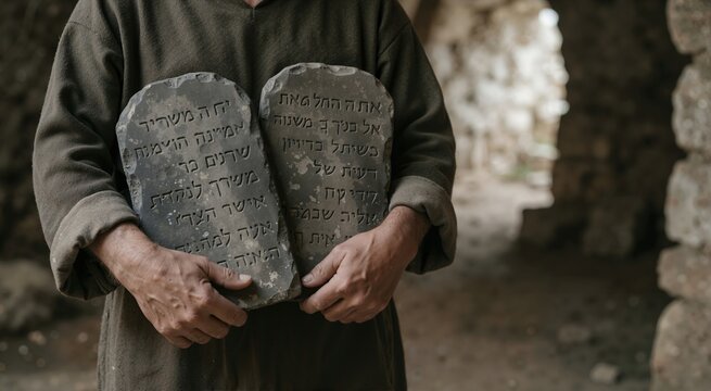 Close up of hands holding two stone tablets with ancient Hebrew text. Old Testament Moses ten commandments concept. Historical biblical religious symbol