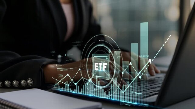 Businesswoman planning Financial Independence FIRE with ETF investing, long-term portfolio growth, passive income strategy and digital financial planning dashboard