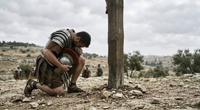Roman centurion kneeling in grief at the foot of a wooden cross. New Testament Passion of Christ biblical theme
