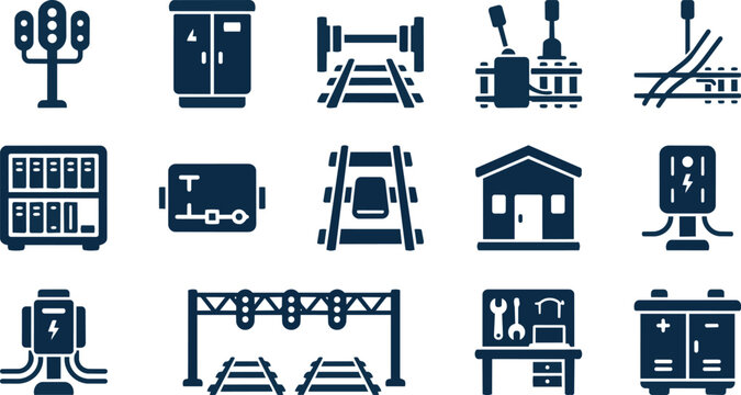 Transportation icons, train station symbols, railway signs, 15 industrial graphics